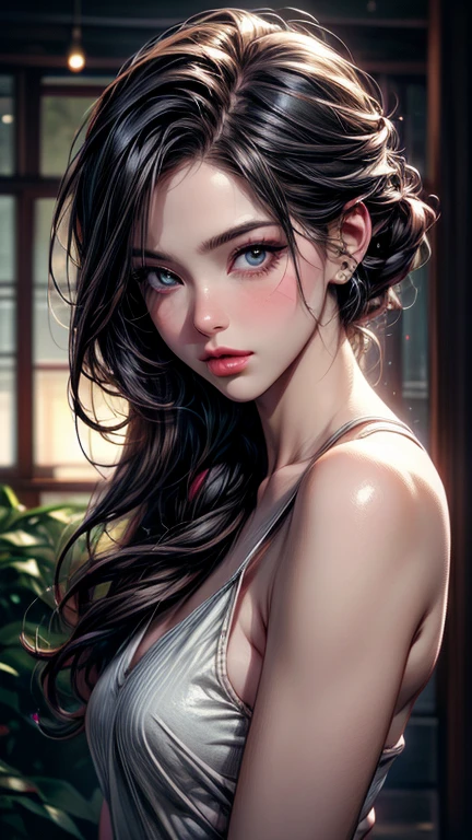 Amazing portrait of a woman who is 30 years old and an adult and a sexy woman with a beautiful face emphasized by amazing makeup and beautifully detailed eyes with perfect lips wearing her black hair in a messy bun blushing intensely as she's flustered and lustful wearing some elegant earrings and a black blouse paired with a sheer dark green saree making her look hot with vibrant colors and soft lighting during night time with soft lighting showcasing her red lips and her beautiful face in detail and close up