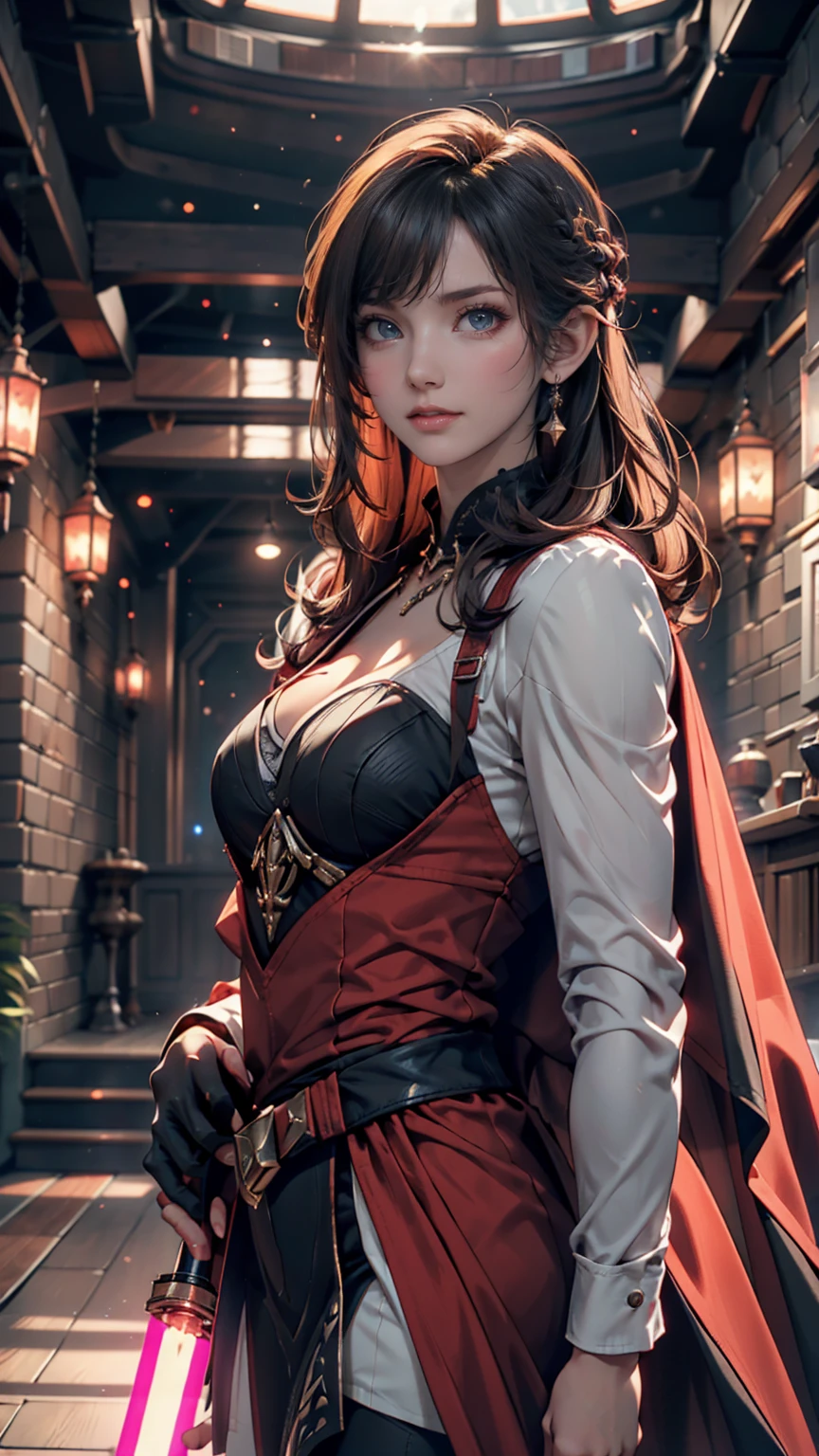  Princess Zelda's full body ,   black hair, red eyes, Dressed as Rey Skywalker, 30 years old, mature, XL Bust, Holding a red lightsaber in one hand,  had red decorations on her black cloak, fight,  Battle Stance  , background:  Death Star space station interior , Unreal Engine 5, anime, anime style, masterpiece, Well drawn eyes,  well-drawn face , detailed eyes,  Walking the Highway , 8k,   light and shadow effects  .