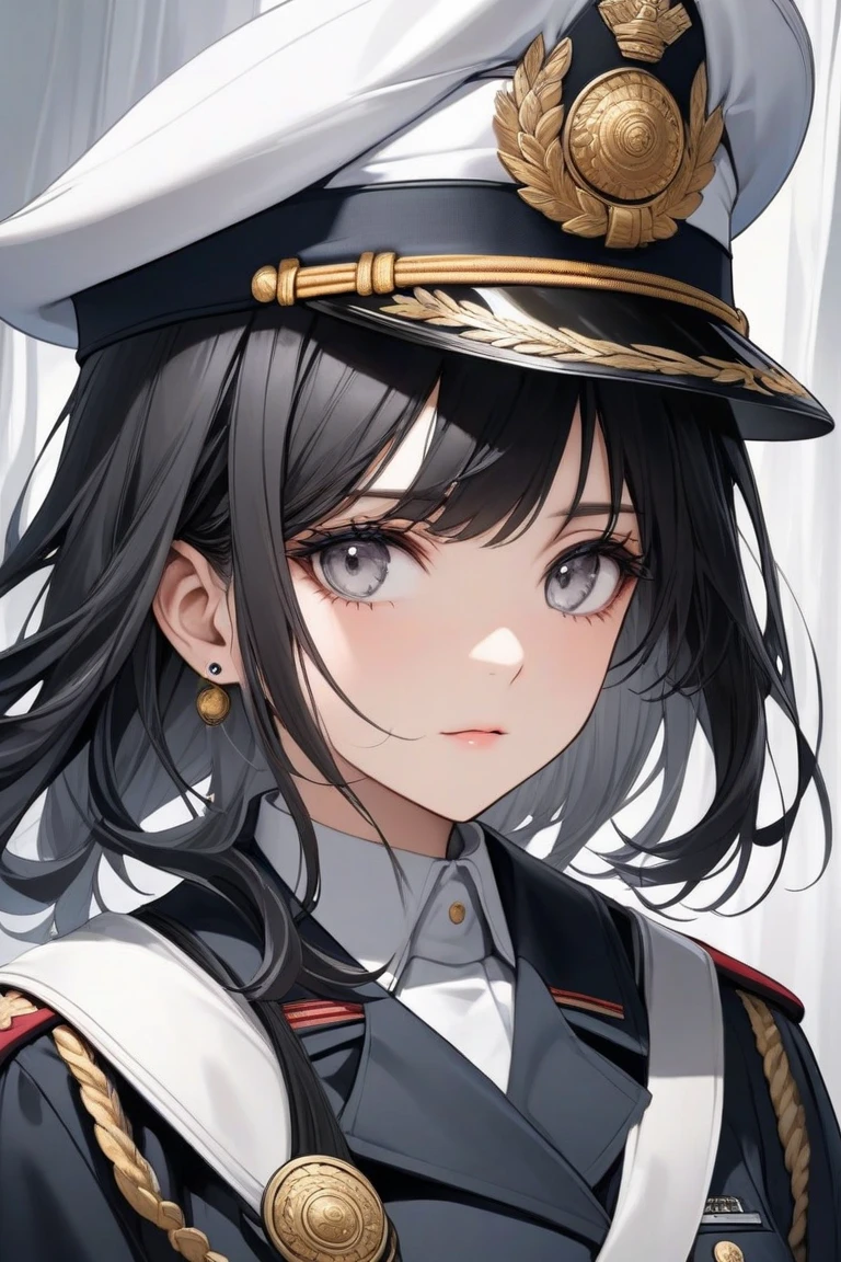 Modest outfit, remote shot, detailed beautiful delicate face, detailed beautiful delicate eyes, perfect facial proportions, high-definition skin, fine skin, four-inch best ratio. With one thumb, masterpiece, highly detailed, realistic, (WWII German naval general uniform reference : 1.8), highest facial resolution, 26 years old, modestly dressed woman, covertly dressed. ,( small, dark blue hair, long hair and super detailed bangs, dark blue eyes), futuristic, science fiction, warship, standing on a warship, government agency, hilarious personality, smiling face. ,war