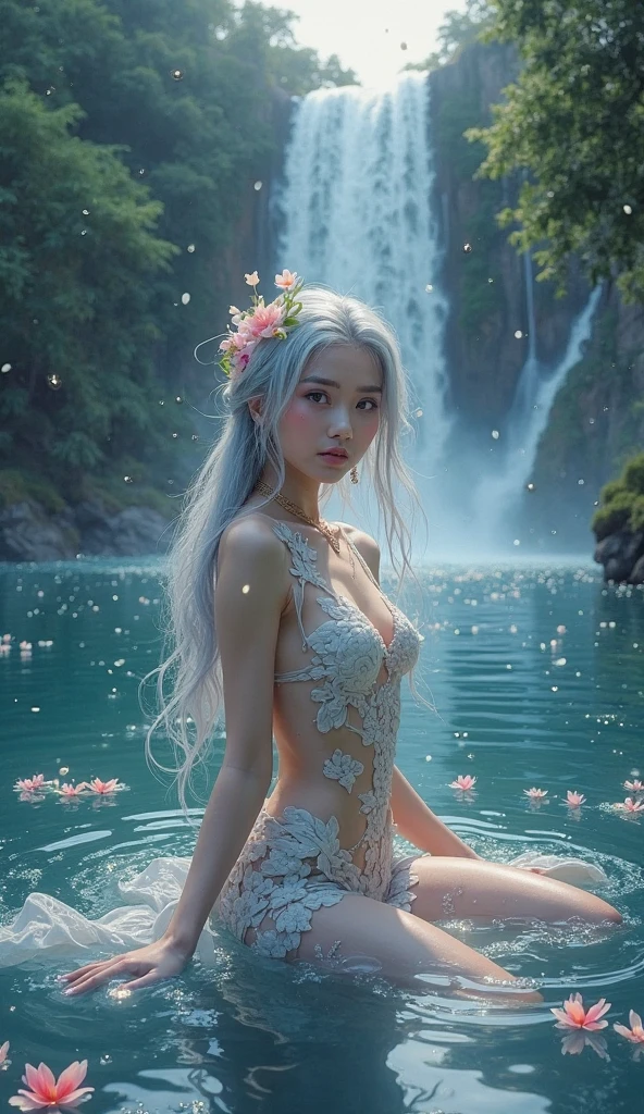 a gorgeous nymph, detailed high quality full body portrait, blushing face, beautiful detailed eyes, beautiful detailed lips, extremely detailed face, long eyelashes, porcelain skin, flowing hair, graceful pose, ethereal, fantasy, vibrant colors, natural lighting, photorealistic, 8k, best quality, masterpiece
