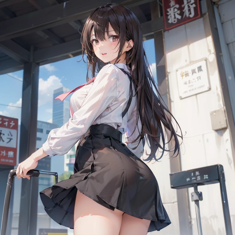 Brown hair、(Brown Eye Degree:1.5)、One side up、poneyTail、long、a blue skirt、White shirt、flered skirt、Female Teacher、BREAK (​masterpiece:1.2)、top-quality、hight resolution、unity 8k wall paper、(illustratio:0.8)、(beatiful detailed eyes:1.6)、extra detailed face、Perfect litthing、Highly detailed CG、 (perfect hand、perfect anatomia)、Look at viewers、red blush、Stand on the escalator, (By up escalator), (lower body shot), Thigh Focus, (Taken from the bottom 1.3), (View from behind1.3)、 (Sexy lace panties:1.3)、(Skirt that rolls up:1.3)、(Expose panties:1.5),