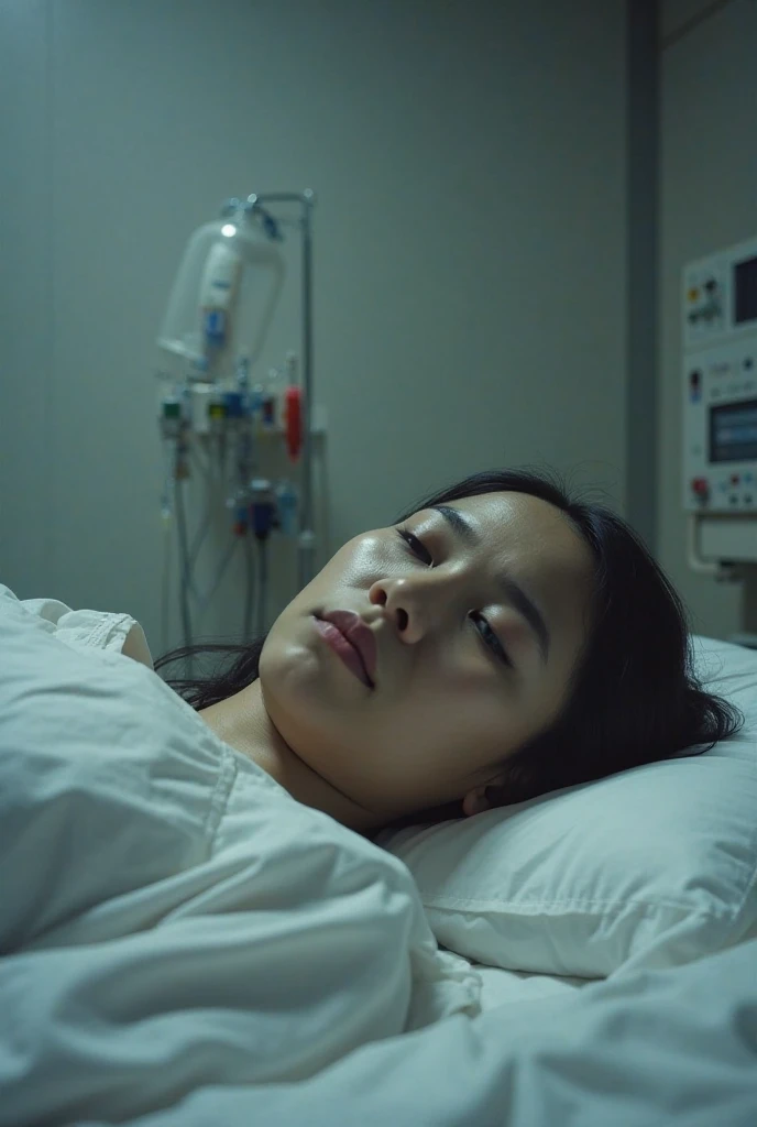 (photorealistic), a realistic and haunting image of a (dramatic) corpse, featuring a Japanese nurse in a hospital setting, expressing a sense of tragedy. Her eyes are rolled back, creating a chilling atmosphere. The dimly lit background enhances the somber mood, with muted colors adding depth to the scene, including subtle shadows and highlights for an ultra-detailed presentation,full body photo.