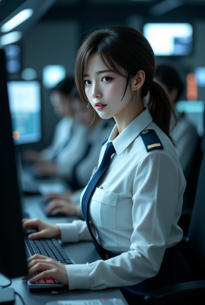 (best quality,4K,8k,high resolution,masterpiece:1.2), Super detailed, (actual,photoactual,photo-actual:1.37), (Beautiful and delicate eyes, Beautiful and delicate lips, Extremely detailed eyes and face), studio lighting, Physically based rendering,Vivid color tits, Super big奶, Super big:0.8), (military uniform or navy, Tactical headsets, Operations Command Center:1.5), (soft light:0.picture, smile and laugh:1.5),