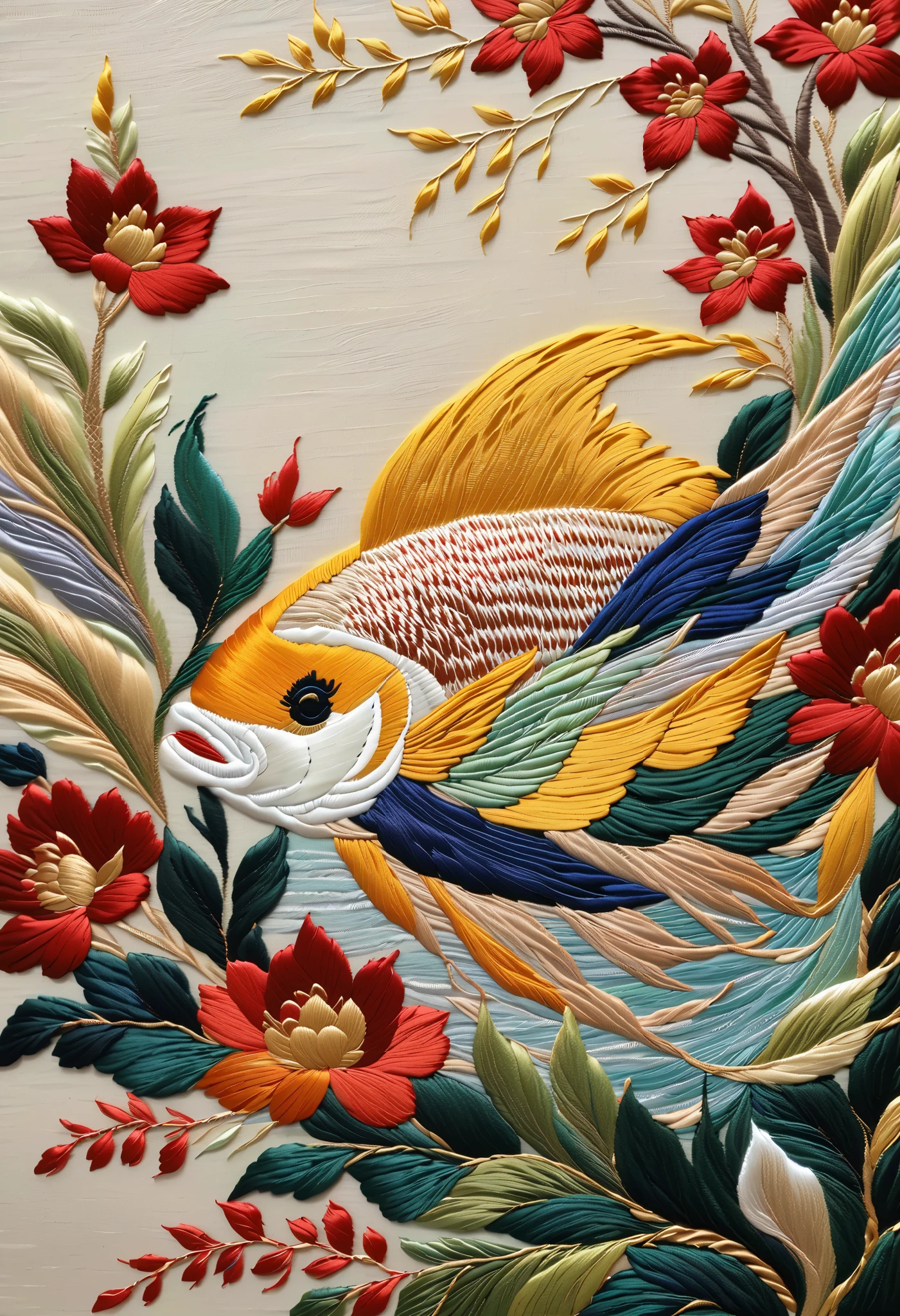 ( Embroidery work),Thin and Agile Fish, Background and :plant, spray ,Traditional Chinese Colors,Low saturation,Level Composition, leave blank ,Silver Silk Thread,Shiny Silk Thread,Silk Textures,Delicate Needlework, brighter,Shiny Suzhou Embroidery,New Craft Brushes,Chen Jialing, Textured Matte ,,Dazzling Light and Shadow,Song Huizong,