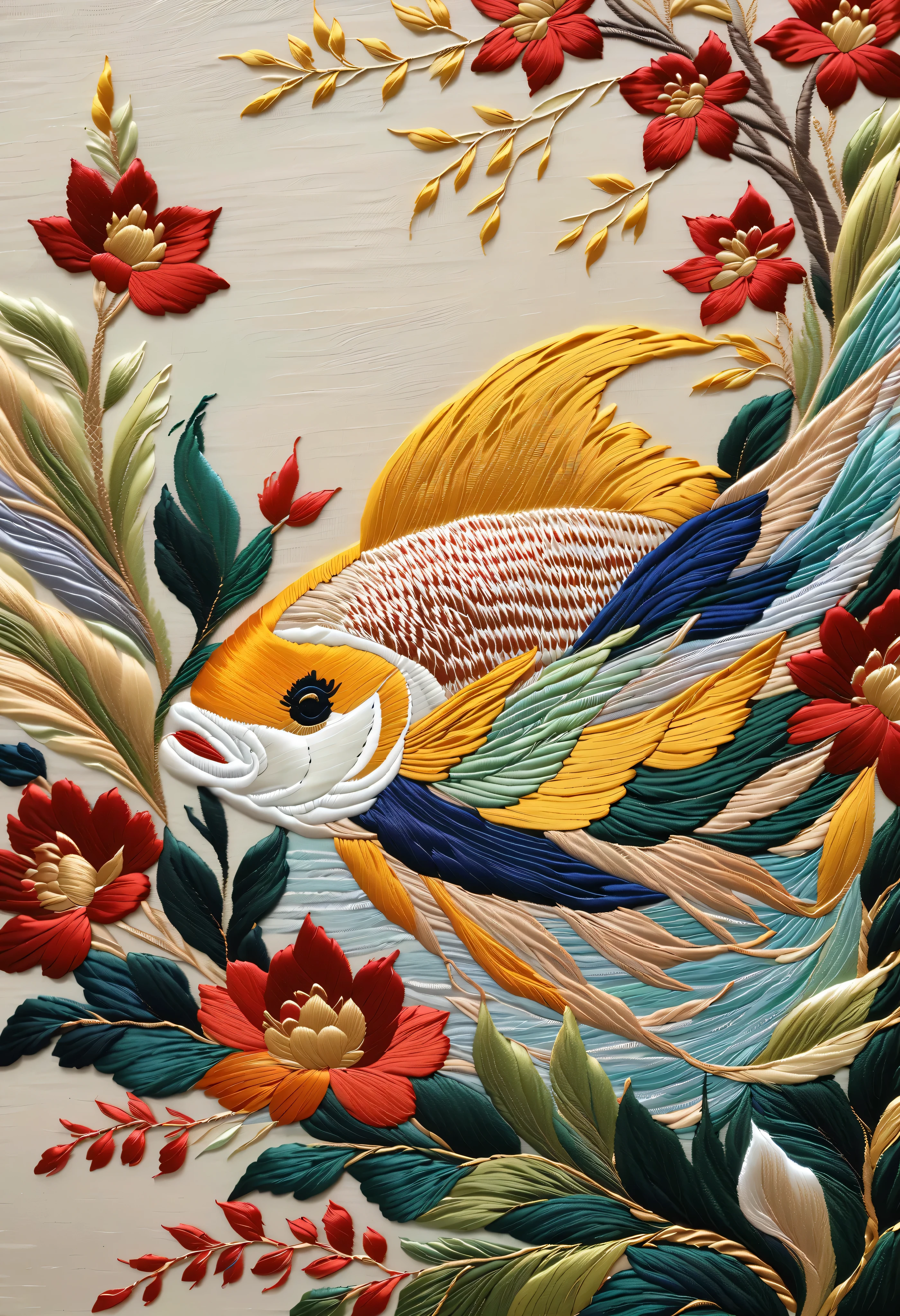 ( Embroidery work),Thin and Agile Fish, Background and :plant, spray ,Traditional Chinese Colors,Low saturation,Level Composition, leave blank ,Silver Silk Thread,Shiny Silk Thread,Silk Textures,Delicate Needlework, brighter,Shiny Suzhou Embroidery,New Craft Brushes,Chen Jialing, Textured Matte ,,Dazzling Light and Shadow,Song Huizong,