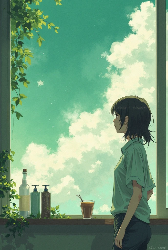 one person,  dark hair, 白色连衣裙, Coffee Shop, 侧边的黑猫、窗外桌子 、outside the window is the Green soda-colored sky, White Cloud, Green, Nostalgia, summer, (watercolor:16,9)、 side, Silhouette, Look up from below 