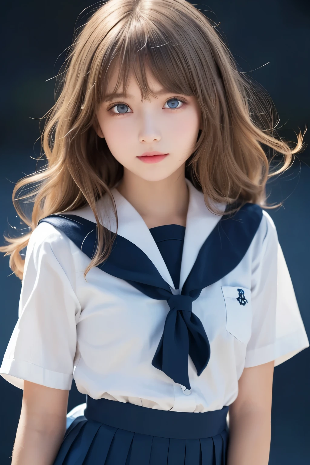 1girl, (a beauty girl, delicate girl, beautiful girl, innocent girl:1.3), (10yo:1.3),
break, (sailor uniform:1.25), (cowboy shot, blue skirt, pleated skirt:1.2),
break, (leaning forward, dark blue background:1.3),
break, very fine eyes, (symmetrical eyes:1.3),
break, (flat breasts:0.5), (round face, ), (blue eyes:1.2), parted bangs, (blonde hair, white long hair, loose curly hair:1.25), cute lips,
break, (eyes and faces with detailed:1.0),
break, (masterpiece, best quality, ultra detailed, detailed face, 8k)