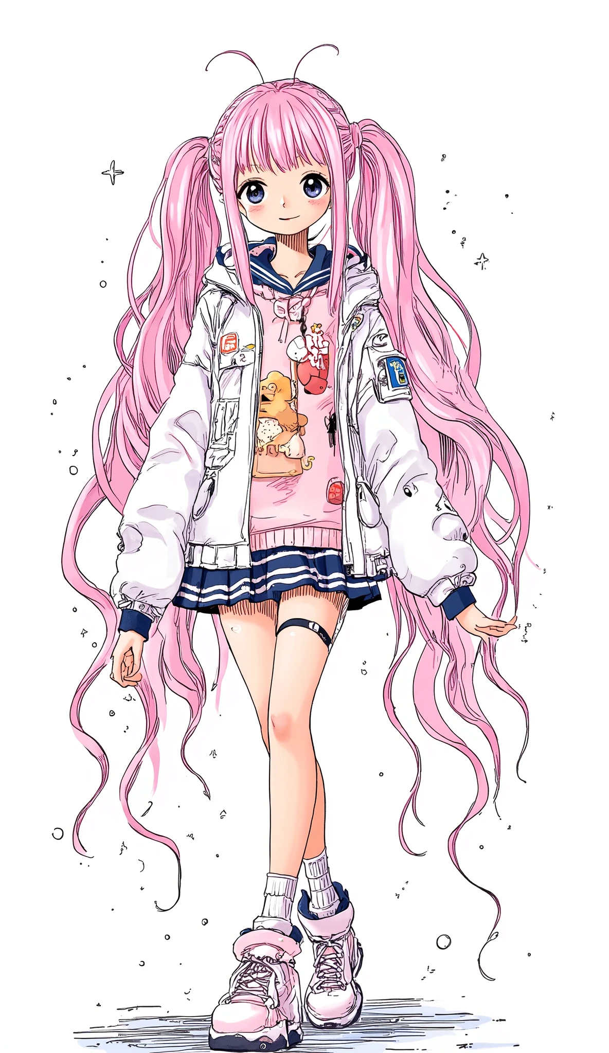 ultra detailed、pastel art、girl、background is stark white、on3pi3c3styl3、ground、pastel collar、Easy-to-read illustrations、detailed hands、 Details、Perfect piece、High Quality、32K、Alone、alone、 perfect eyes、detailed eyes、beautiful face、High Qualityな顔、(full body:1.8)、(Big Breasts:1.4)、cartoon One Piece character design、(perfect face:1.6)、(Beauty:1.8)、detailed illustration、Fine Lines、 nice smile、portrait photography、 cute illustrations、(Age 30、(pink)hair、twin tails from above、Occupation is a sniper)