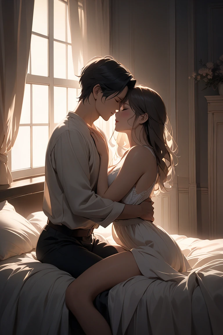 (a couple deeply in love)+(affectionate embrace)+(intimate moment)+(romantic atmosphere)+(soft lighting)+(dreamy ambiance)