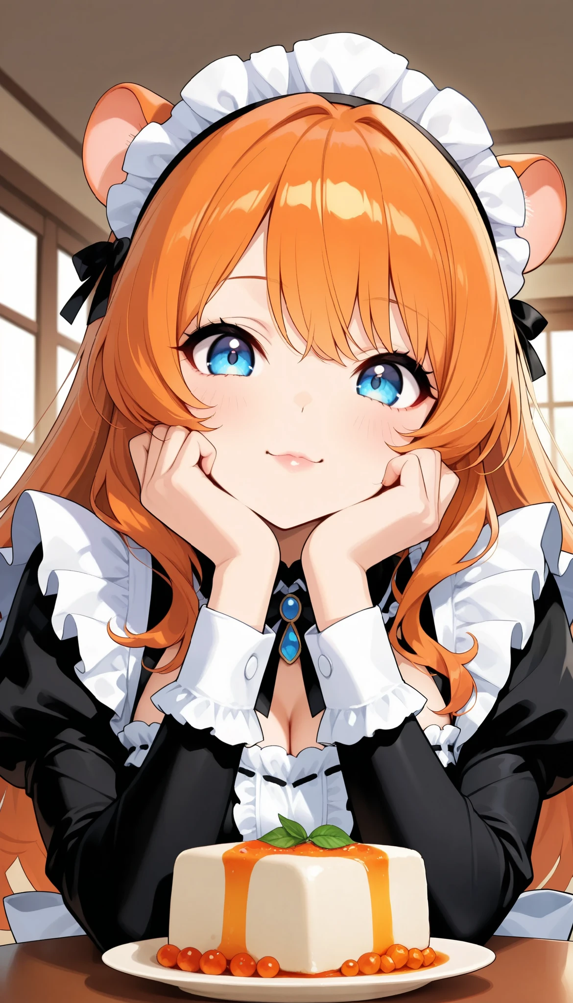 hamster girl, cute expression, stuff one's cheeks, looks delicious, Tofu:1.4, beautiful eyes, beautiful lips, very detailed目と顔, long lashes, ( gothic maid clothes, frill), precise description, anime style, Professional, Vivid Color, Bokeh, natural light, indoors, living room,Warm Up Tones, (Highest quality:1.2, very detailed, CG illustration, Soft Focus, masterpiece:1.2, Aesthetics at its best),