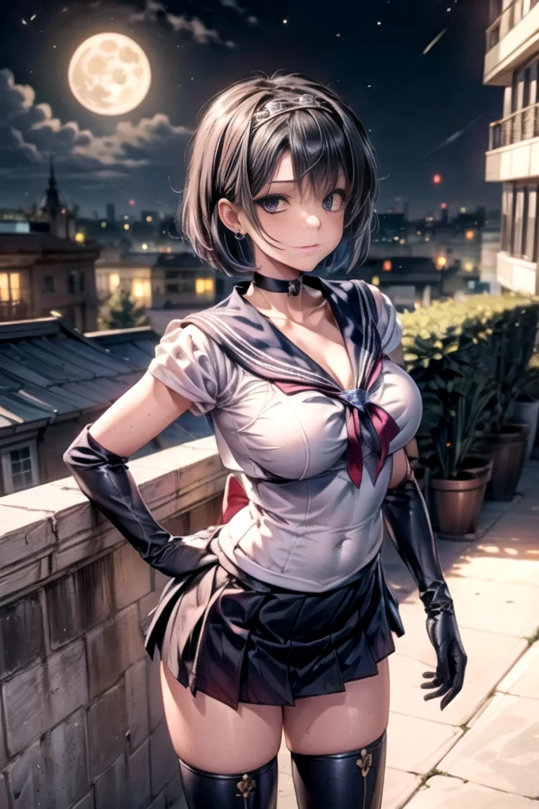 (masterpiece:1.2, highest quality), (realistic, photorealistic:1.4), beautiful illustrations, 
looking at the viewer, whole body, Front view:0.6, 
1 female, Japanese, ((black hair:1.5, chignon:1.4)), blown hair, bangs, hair between eyes, big breasts:0.8, 
beautiful hair, beautiful face, beautiful and detailed eyes, (blue eyes:1.3), beautiful clavicle, beautiful body, beautiful breasts, beautiful thighs, beautiful feet, beautiful fingers, 
(Military installations),
((uniform:1.4, choker)), white panties, 
(Are standing, put your hand on your chest, hand between legs), 
(glare at the viewer while blushing:1.3)