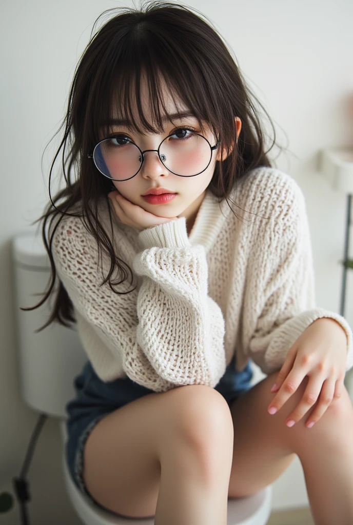 Nudity all over,Girls wear white socks,Girl crouching on the ground,girl wearing spectacles,one-girl,Round-faced girl,Crop topping,Superskirt