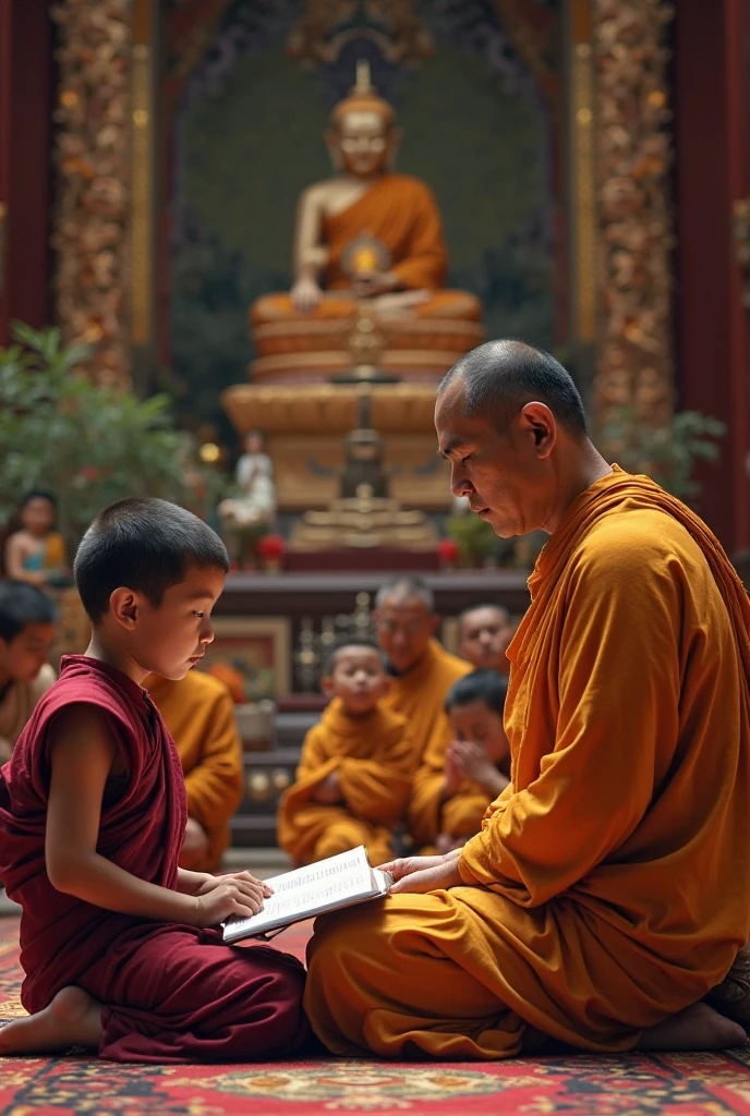 With a smile,Eyebrow beauty,Little monk without hair,Buddha sitting in front of the temple knocks on wooden fish