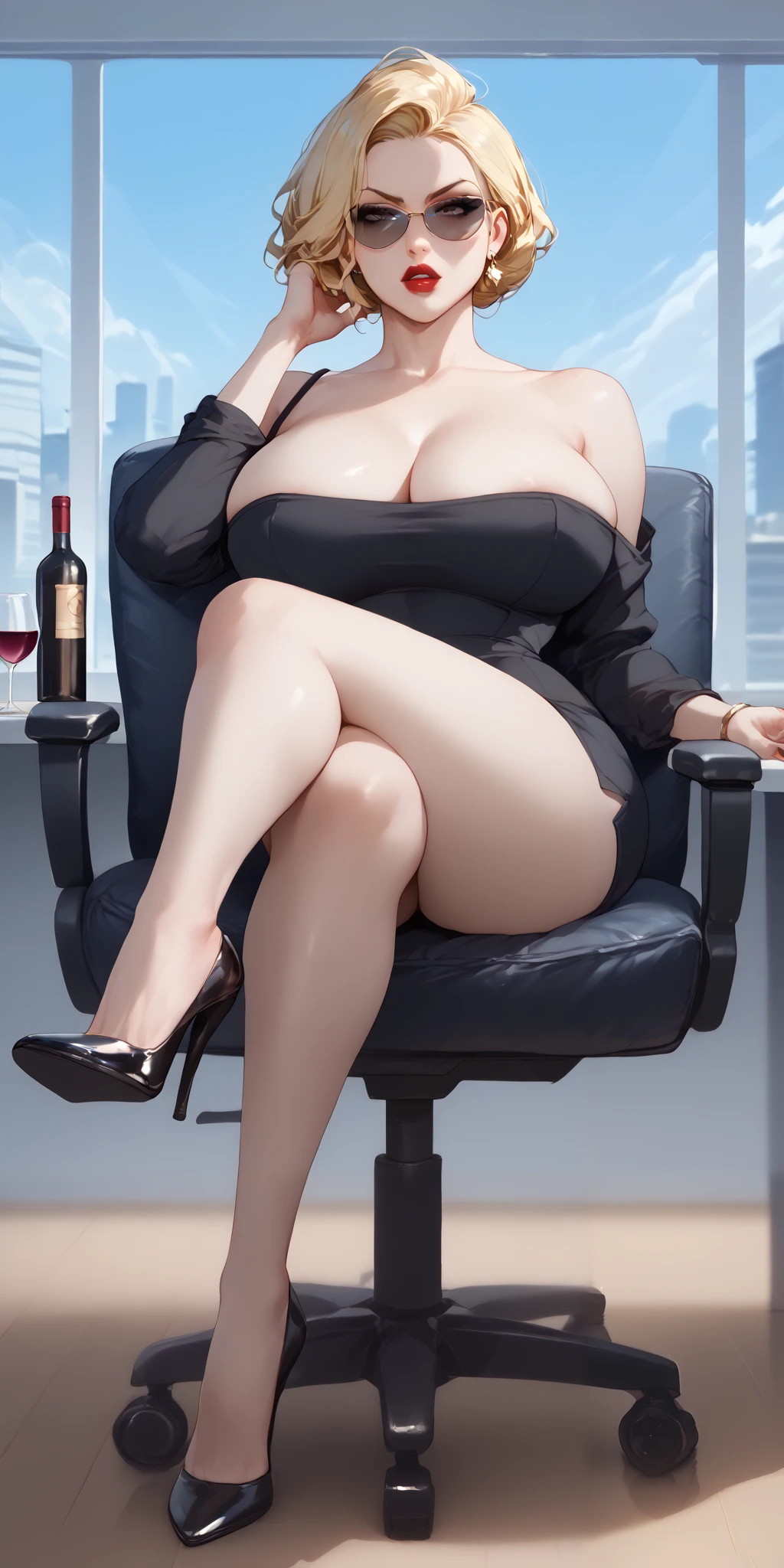 A sexy busty beautiful woman with blonde hair, extremely fair white natural skin, and big plump candy red lips. She's wearing a revealing short off-shoulder black dress, big black sunglasses, and black high heels. A sexy arrogant angry expression, sitting with sexy legs crossed on an office chair, large glass window background, and she's holding a wine bottle. Show her full body.