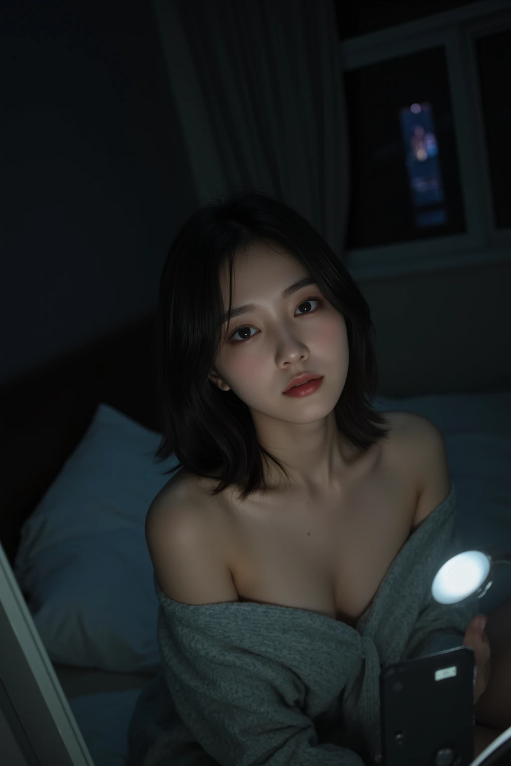 Japanese Female college student Selfie Smartphones are invisible Exposed Skin Large Breasts Left hand making a peace sign Lying in bed in a dark room 8k