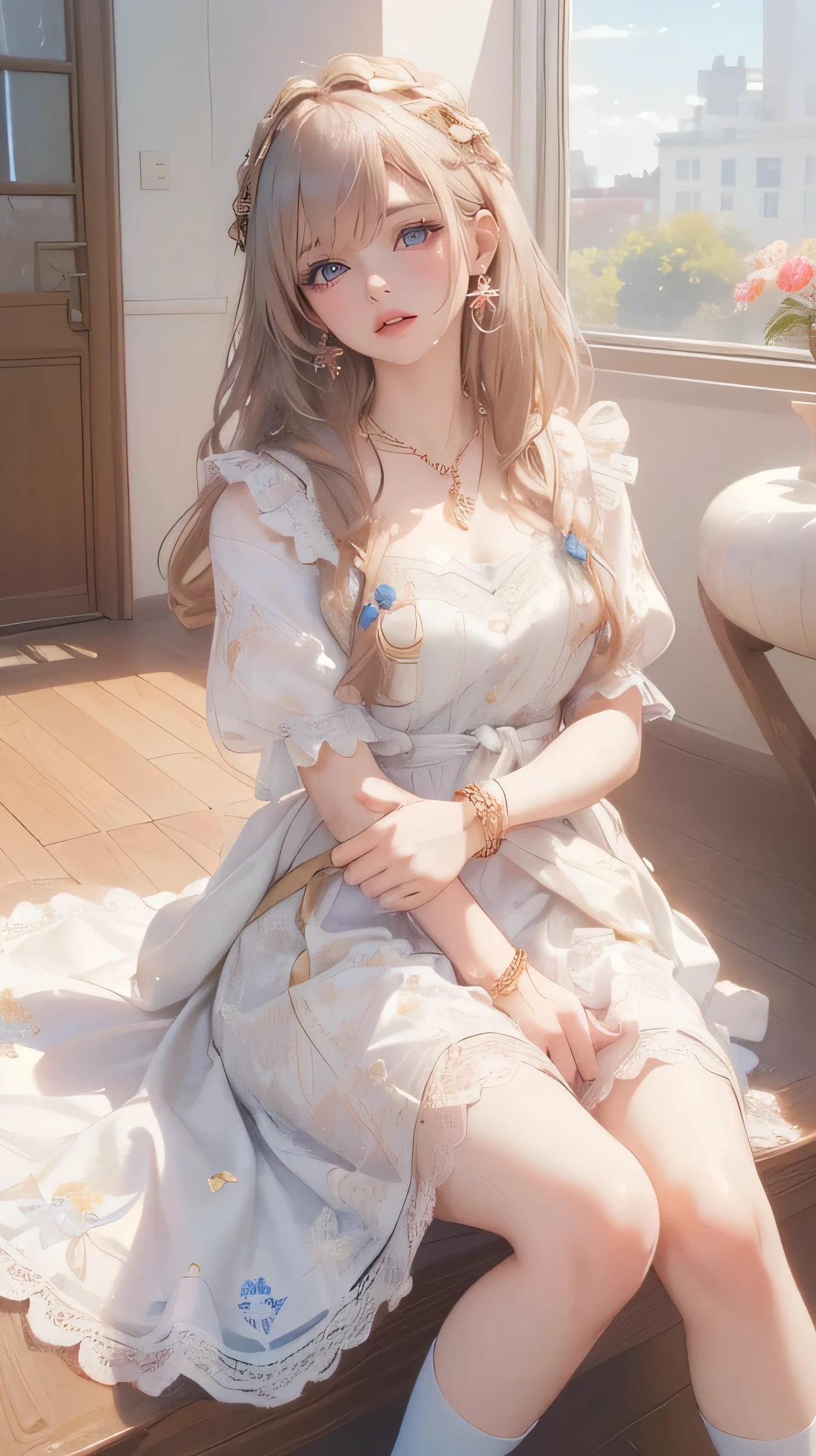 ((masterpiece, ( 、 beautiful , masterpiece, high quality, 16K Ultra HD , (masterpiece), ((( 最high quality), ((detailed faces, cute face )), ( wears a long white embroidered dress , red lace shirt , wears a white apron on her waist , blue socks, Brown leather shoes , blue scars on her head . yes, her accessories include a necklace , earrings, bracelet . 1 girl at home )), super high definition , ( : 1.4), RAW photo, は最high qualityです, (Photo Stick), Key Points, Soft light, (()), (( shiny platinum gold silk maxi hair, beautiful shiny bangs, big、 Clear sky blue eyes , very beautiful bright eyes highlight )), (( ( like々Funny face ))), (surface), ( depth of field), masterpiece, ( ), Escape, bangs, (( 1 girl at home ))