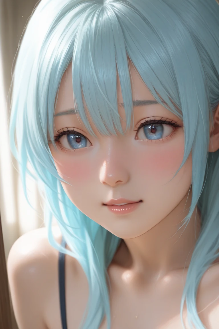 Best Quality,High resolution,8k,finelity detailed background,Masterpiece:1.2),beautiful girl,Shiny light blue hair,messy hair,Light blue eyes,Gentle look,A refreshing look,smile,Best quality,Best Quality,Aesthetic and aesthetic:1.2,Best details((Super detailed))(High-definition CG illustrations),summer uniform,Slender body,School,In the classroom,smile,blush,cute,Scrounge,Looking up,Being spoiled,super model