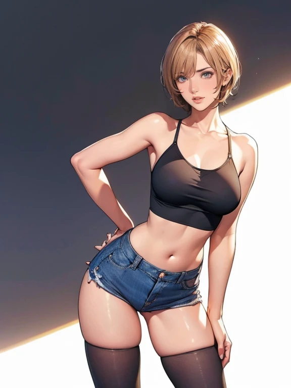 Beautiful young woman is looking at the viewer,1girl,short black hair,beautiful light brown eyes,sexy black open belly shirt ,sexy black and blue pants,big breasts,sexy thighs,sexy pose,cute hip,light serious face,white background,anime,masterpiece,8k,very high quality,standing pose