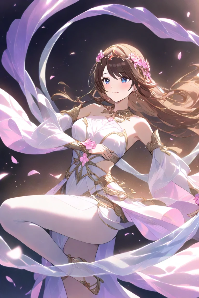 1 girl, solo, Kisaragi from Kancolle, masterpiece, best quality, goddess, thin flowing white and gold dress, cleevage classical clothes, classical dress, peplos, detached sleeves, thighlet, circlet, pelvic curtain, full body, shiny hair, perky tits, small breasts, purple eyes, shiny brown hair, purple flower in hair, tall, long hair, straight hair, hair between eyes, standing, Parthenon in Greece