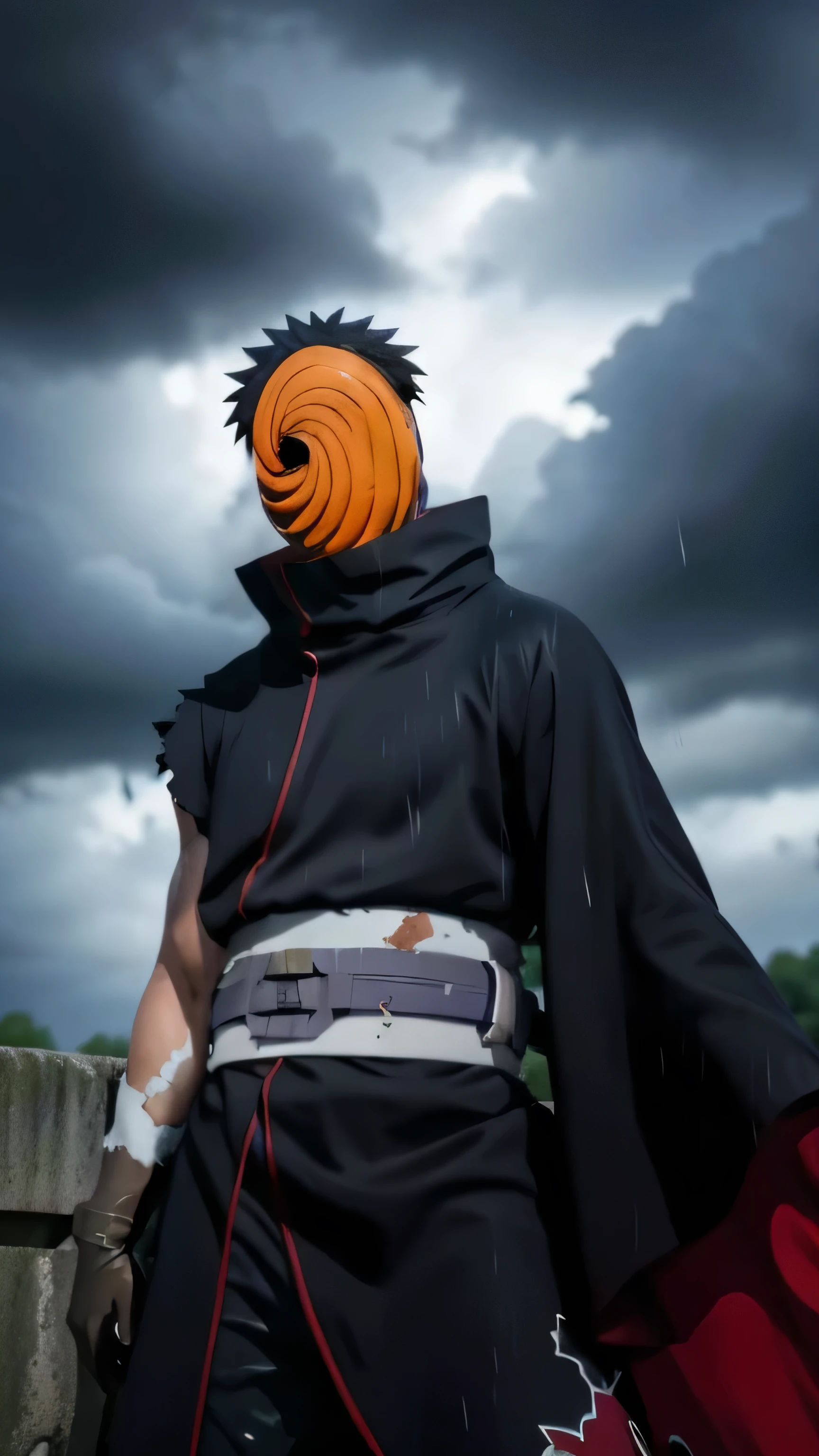 score_9,score_8_up,score_7_up,source_anime,rating_safe BREAK masterpiece,highres,best quality,high quality,dramatic angle,cinematic lighting,1boy,Tobi,orange mask,black hair,black robe,akatsuki robe,black robe with red cloud pattern on it,patterned,black gloves,torn clothes,torn mask,scar,rain,depth of field,rainy,raindrop,water,wet,dark clouds,ruin,serious,covered only half face,red eye,sharingan,glowing eye,damaged,from below,