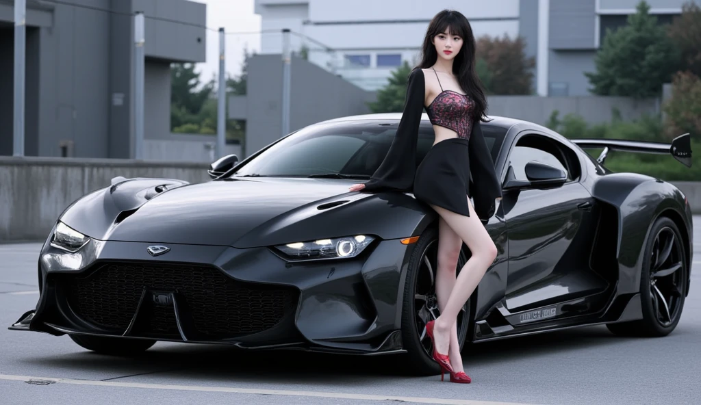 ((masterpiece))、Highest quality、High resolution、8K、Hyperreal Photography、A photo of a beautiful woman standing in front of a new and cool car:2.0,Sexy fashion that shows off cleavage、A woman with a pretty face and a great figure, thinking about the perfect balance between a car and a woman。