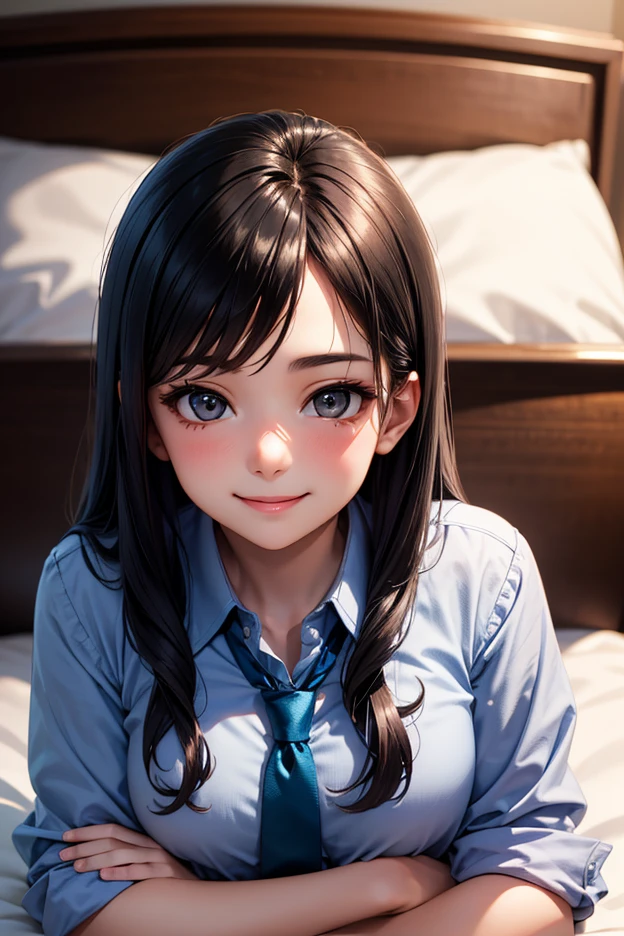 , miiyamotohikari,1girl,solo, vignetting,blurry background, realistic,black hair,ponytail,bangs,scrunchie,pink scrunchie, brown eyes, , huge nude tits,necktie,plaid necktie,blue plaid necktie, indoors,bedroom, looking at viewer,rejection,resistance,unhappy,closed mouth,lips,huge breasts, upper body,portrait,face focus,