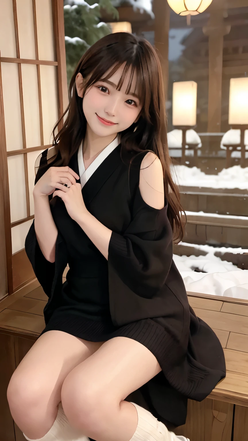 masterpiece、Made of high quality straw、full body、one girl、bangs、 Japanese、 black hair、 long hair、 Long Sleeve 、snow、 knit 、smile、 alone、 stylish woman 、 brightly colored clothes 、Front 、 luxury background material 、 confident expression、Modern and trendy、 fashion focus,(( cute Japanese idol ))(( Knee-length))
