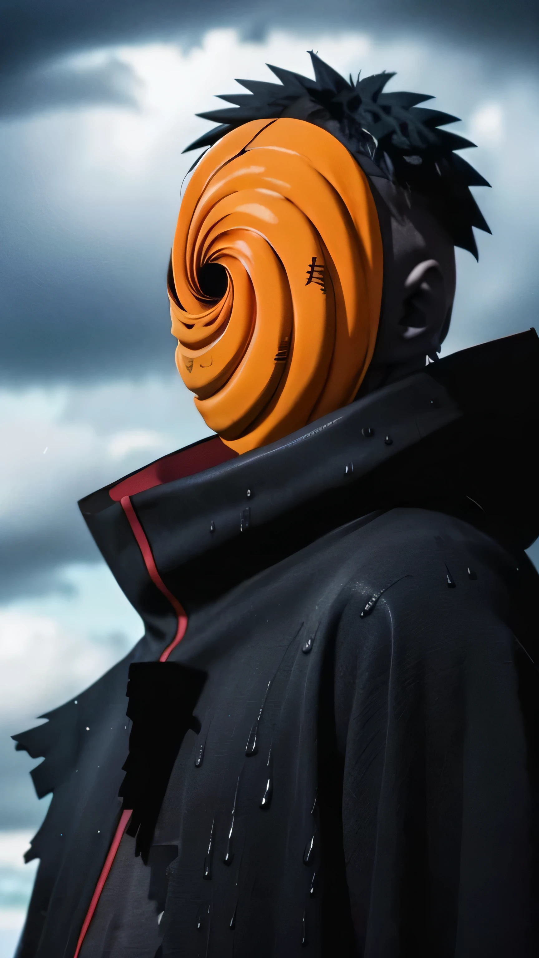score_9,score_8_up,score_7_up,source_anime,rating_safe BREAK masterpiece,highres,best quality,high quality,dramatic angle,cinematic lighting,1boy,Tobi,orange mask,black hair,black robe,akatsuki robe,black robe with red cloud pattern on it,patterned,black gloves,torn clothes,torn mask,scar,rain,depth of field,rainy,raindrop,water,wet,dark clouds,ruin,serious,covered only half face,red eye,sharingan,glowing eye,damaged,from below,