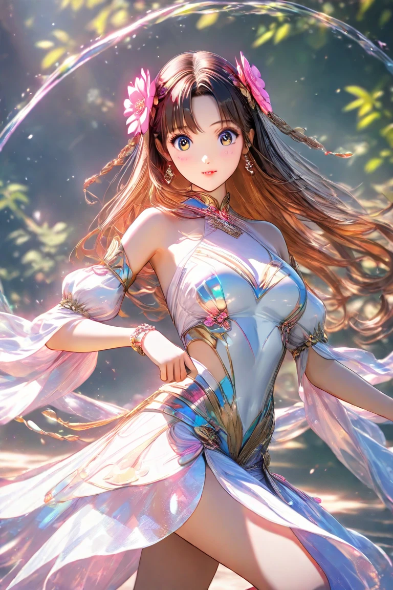 ((masterpiece:1.2, Highest quality)), Super detailed, Ultra-precise depiction, Ultra-detailed depiction, (Tangled:1.2), (Dynamic pose), (Abstract background:1.5), Wavy long hair, Pink Hair, One girl, colorful, Portraiture, (From above:1.2)、Sexy proportions、Sexy、Wear a cross halter dress、Wear thick-soled sandals、smile