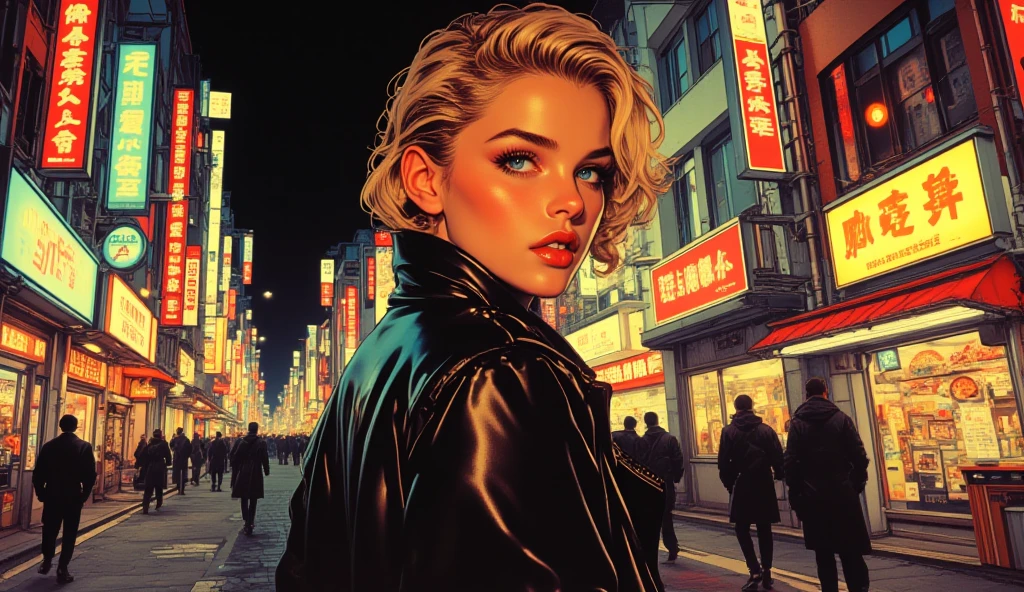 Manga illustration, pretty woman, Solarpunk, neon colors, vibrant, highly detailed, ((very sharp intricate details)), deep darks, dramatic composition, detailed background, thick linework, (art by Phil Noto AND Mike Magnola AND Hayao Miyazaki)