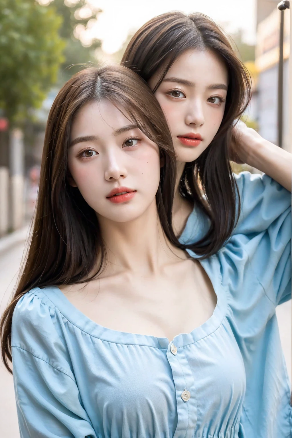(two Korean starswith royal sister style,duo,hugging,kissing), ((best quality, 8k, masterpiece: 1.3)), focus: 1.2, perfect body beauty: 1.4 , (funny expression), (night street: 1.3), highly detailed face and skin texture, fine eyes, double eyelids, whitened skin, (air bangs: 1.3), (round face: 1.5), (thin strap top: 1.4),