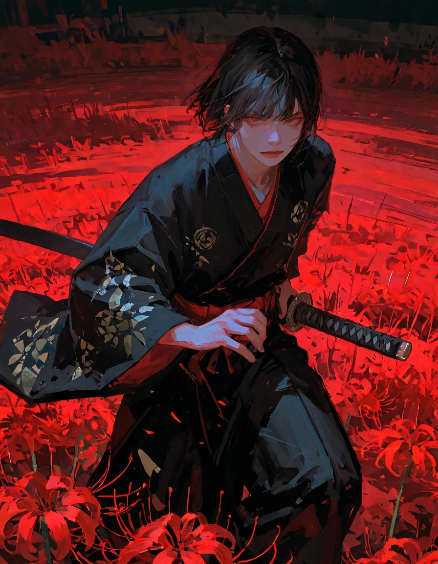 1 boy in low p\((samurai\( samurai\)), ( young), black刀を抜こうとする, Hand with Sword Pattern Stuck in the Waist, black髪に隠された鋭く威圧的な右目,( (Ratio of reflection of hair to face:1.2)), Short Hair,black ( Martial Arts Kimono ),black袴と作務衣 (Japanese clothes without a pattern ), Conceals Legs, intimidating expression, slim,\), Large knee-high red spider lily flower field, DYNAMIC POSE, dynamic movement, Dynamic Angle, Action Scenes, Motion Blur, blackキャラクターと対比になった鮮やかな赤色の彼岸花の花畑, realistic,masterpiece, Highest quality,