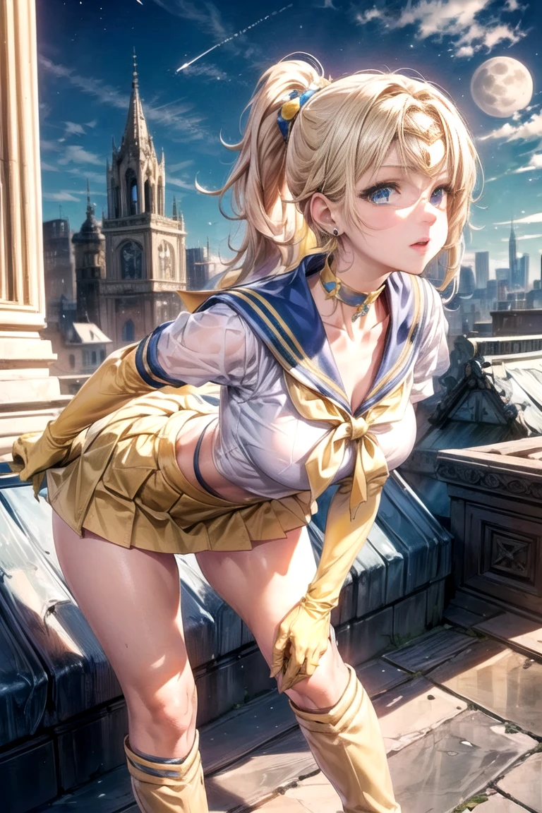 in front of a city with a short skirt. (masterpiece), (Best Quality), (ultra detailed),(messy hair),(illustration), (1 girl), (fashion clothes), standing, model, looking at the viewer, (interview), (simple background),beautiful detailed eyes, beautiful and delicate face, floating,(high saturation),(colorful splashes),colorful bubble,(bright), Focus on face,(skirt lifted by itself: 1.1), (skirt lift: 1.3), (showing white panties: 1.3),(Ruined dungeon ruins background:1.4 )