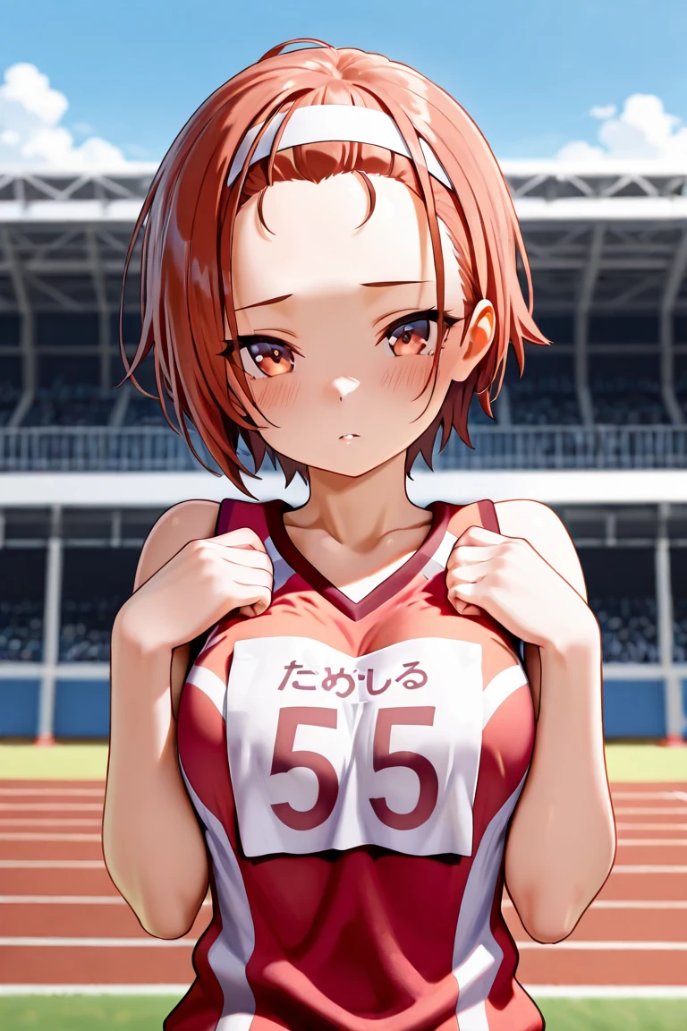 realisticlying,((upper body:1.3))、extremely detailed CG、high resolution、absurderes:1.8、detailed background:1.3、、detailed eyes:1.6、、、、、、 1 girl, track and field player, shiny skin、beautiful body、 ((buruma、 sleeveless track and field Tank top、big breasts, from above:1.4, medium hair、blunt bangs))、(track and field cort, smile), red hair