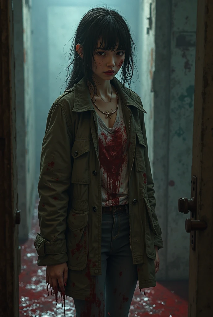high res, ((oil paiting)), (front view), paiting of a menacing beautiful 20 years old girl, ((looking at viewer)), wearing a black leather jacket and spiked bracelet, ((holding a bloodied knife)), (blood on her hands) . ((night)), ((in a dark alley)), inspired by Gustave Dore, dark color palette, perfect anatomy