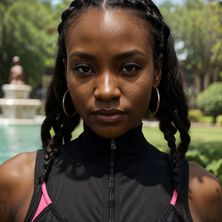 Dark black woman with box braids wearing workout clothes weighing 100 kg, with multiple ear piercings, piercing no nariz, lado direito, Medusa Piercing, stretching out in the tree-lined square