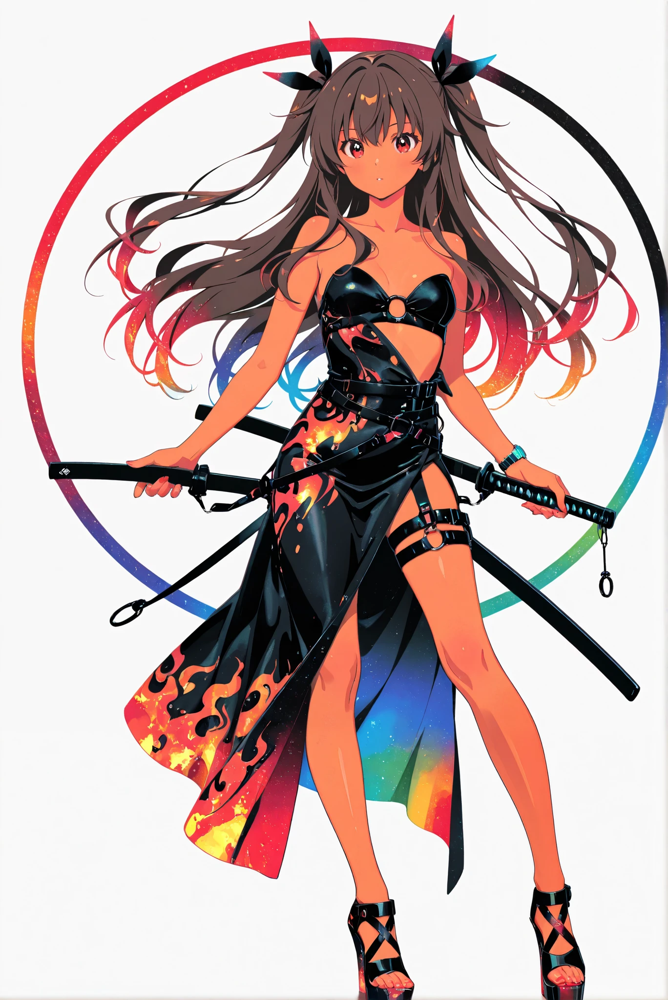 ( ,Battoujutsu,white background:1.7),HoleHeels,oval/Circle/Thorn/Horn Heels,,Limited Color Palette,Colorful,Bright Color,flashing silhouette,neon,black light ,watch, masterpiece, is very beautiful,defYuki, tan, brown hair, red eyes, two side up, long hair,hair ribbon,red iridescent lava print dress, strapless, side slit, plunging neckline,alth4rness, black-mode, black bra-harness, black leg-harness, black waist-harness