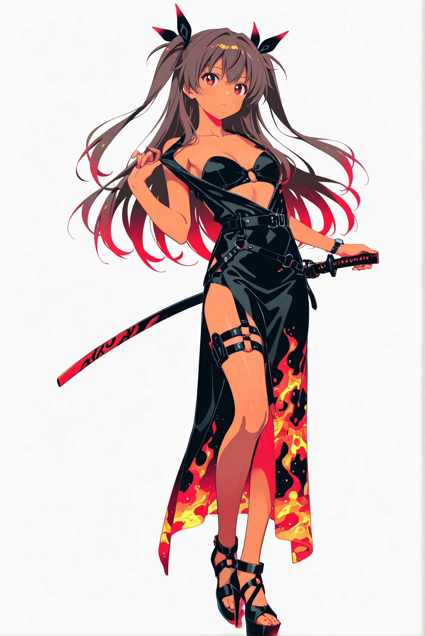 ( ,Battoujutsu,white background:1.7),HoleHeels,oval/Circle/Thorn/Horn Heels,,Limited Color Palette,Colorful,Bright Color,flashing silhouette,neon,black light ,watch, masterpiece, is very beautiful,defYuki, tan, brown hair, red eyes, two side up, long hair,hair ribbon,red iridescent lava print dress, strapless, side slit, plunging neckline,alth4rness, black-mode, black bra-harness, black leg-harness, black waist-harness