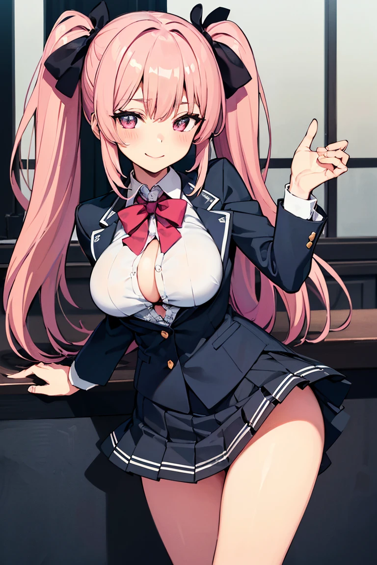 1girl, ((Blue Eyes)), Seductive face, ((Sana Minatozaki)), wide hips, Big , big ass, (Best Quality, 8k, Masterpiece: 1.3)) ) , Clear Focus: 1.2, Perfect Body Beauty : 1.4, Slender Abs: 1.2, Wet Body: 1.5, Highly detailed face and skin texture, cleavage, double eyelids, long_pink_hair, long legs, Blazer uniform_brown, school shirt, plaid_skirt, tie_black, thigh-high_cover_stockings, crouched_in the classroom, yellow eyes, eyes finely detailed, extremely detailed eyes, cleavage, big breast, open mouth, (blushing:1.5), (half-body:0.6), half-body illustration