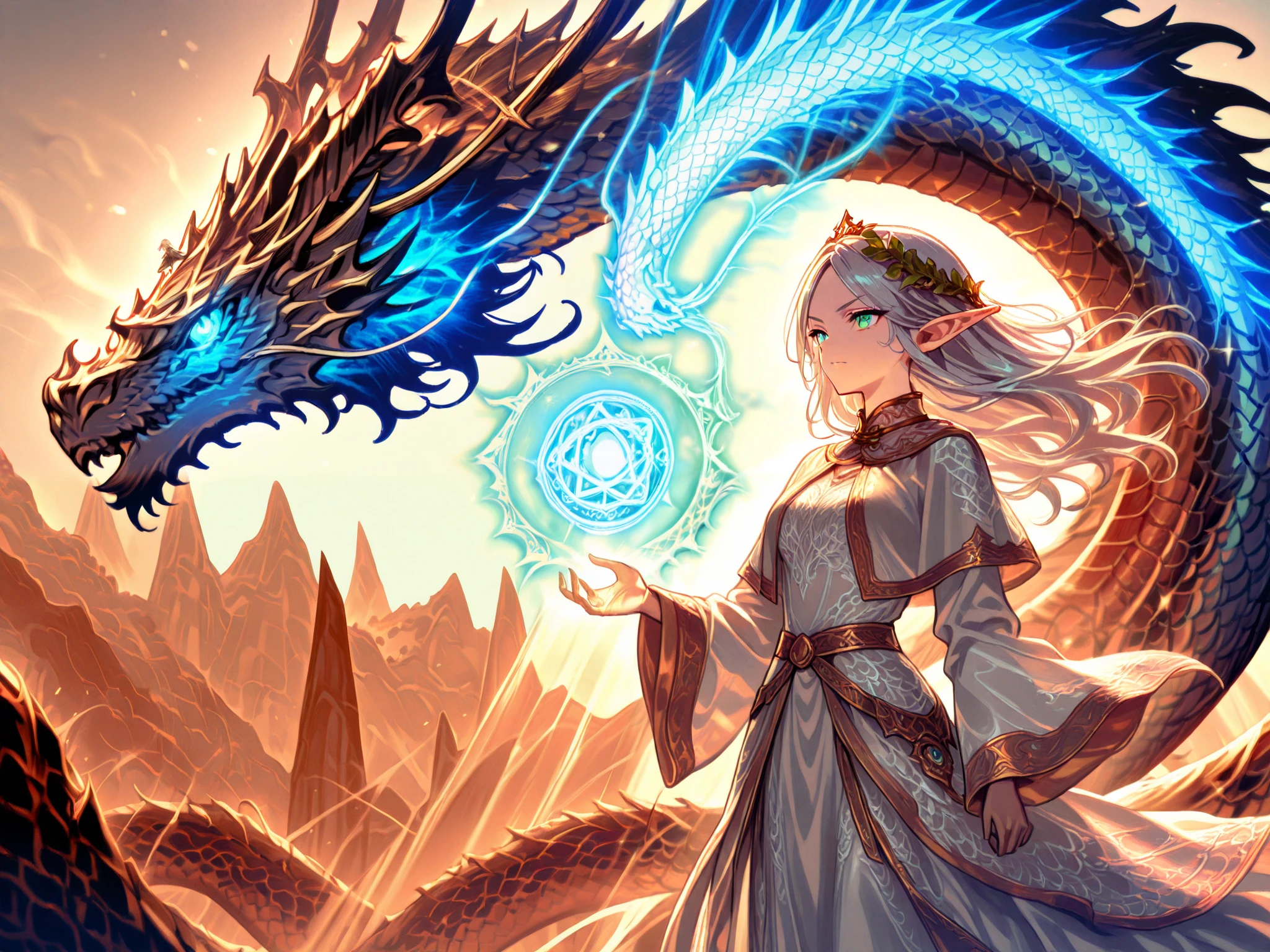 A young, double-headed, gray-haired female elf creates a magic circle and blasts magic at a dragon