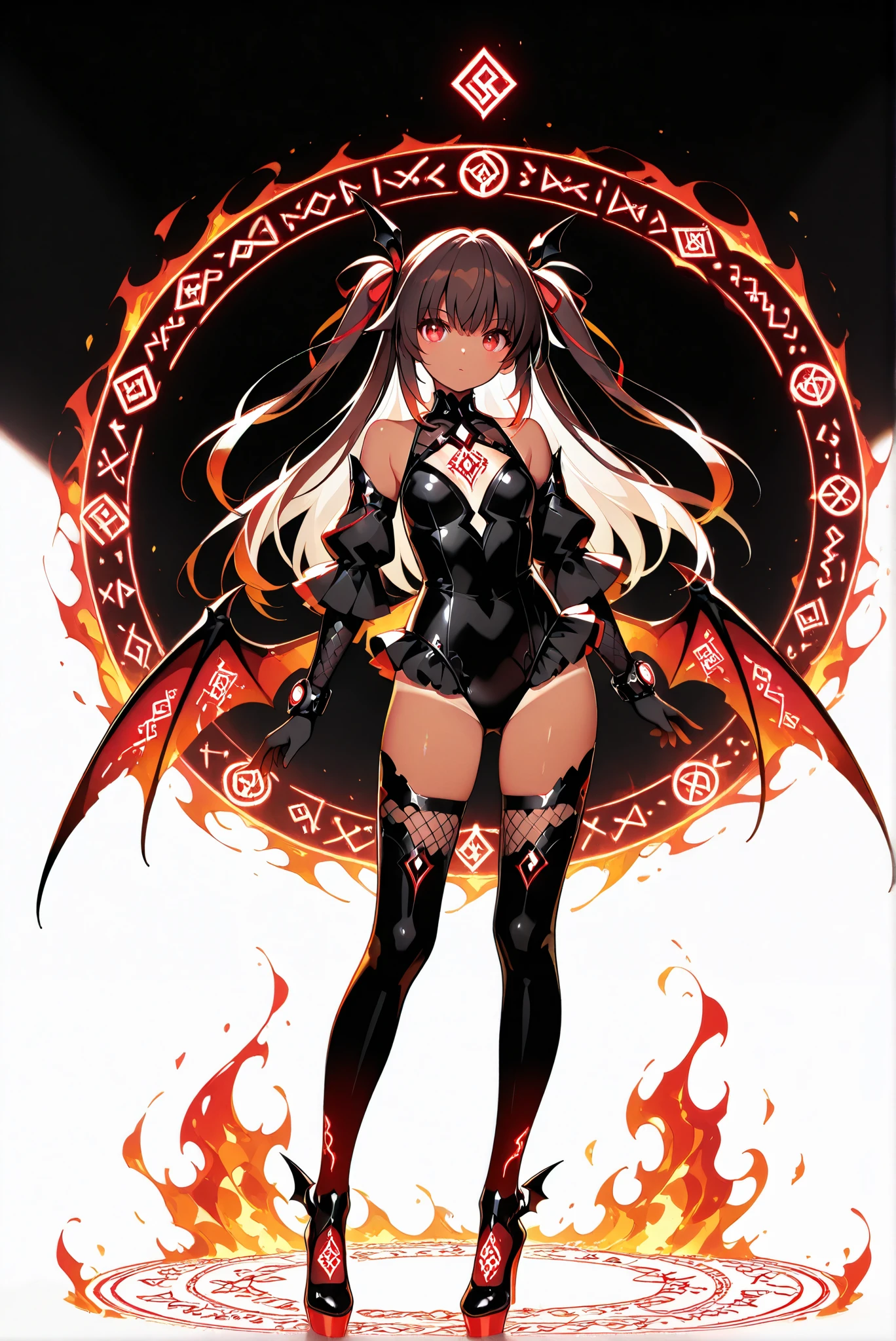 ( , stands,full body,high heels,front view,Standing picture,white background:1.7),HoleHeels,oval/Circle/Thorn/Horn Heels,,Limited Color Palette,Colorful,Bright Color,flashing silhouette,neon,black light ,watch, masterpiece, is very beautiful,defYuki, tan, brown hair, red eyes, two side up, long hair,hair ribbon,, big , Portrait of a -yeld giwith long black and white hair ,red eyes, dragon scales and Dragon Wings , Dragon Wings , fire, arms, hair ribbon, black leotard, bare shoulders, detached sleeves, frilled leotard, tanlines, fishnets, elbow gloves, black thighhighs,Glowing Runes
,Glowing Rune Circle
,Glowing Rune Armor