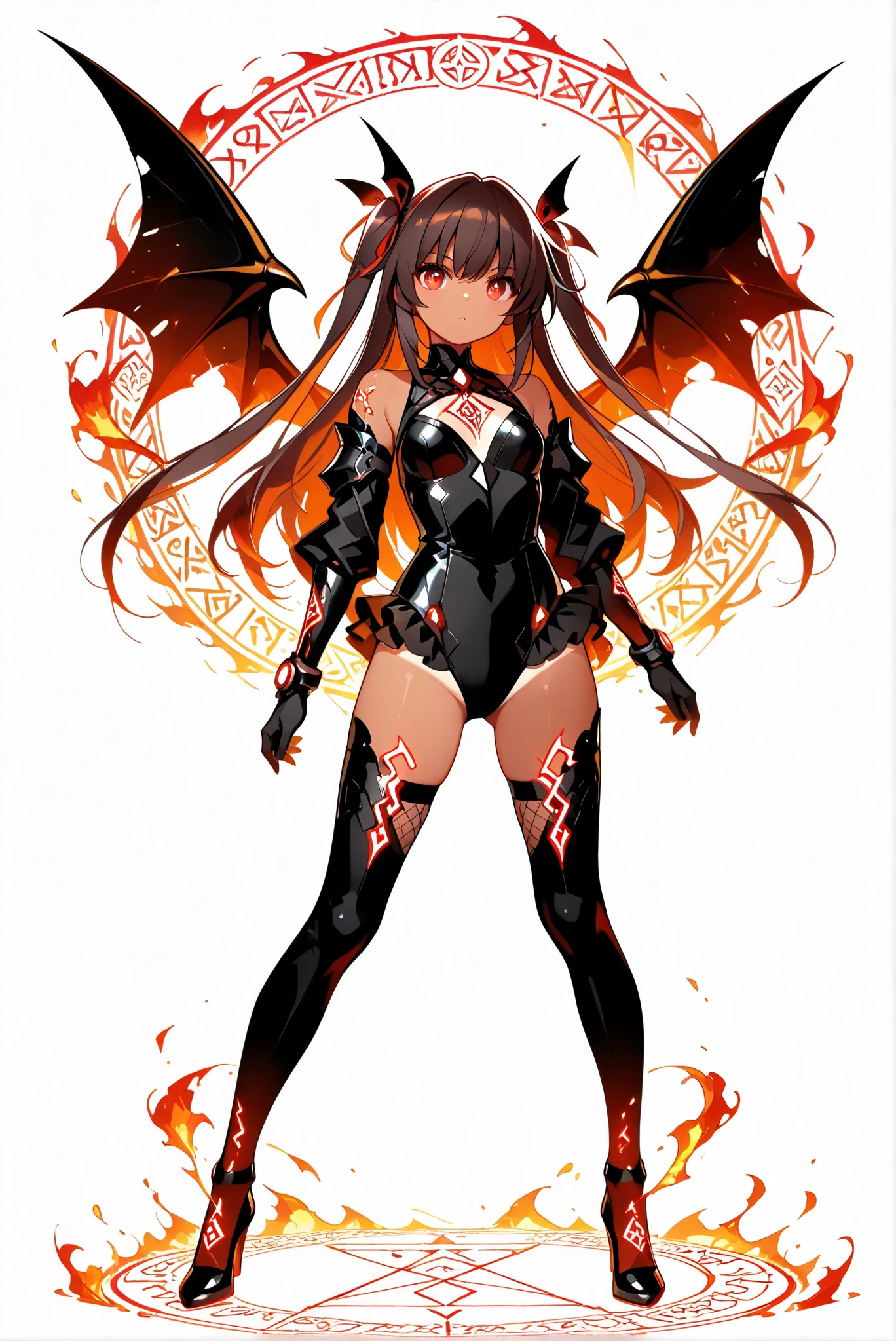 （ , stands，full body，high heels，front view，Standing picture，white background:1.7)，HoleHeels，oval/Circle/Thorn/Horn Heels，,Limited Color Palette,Colorful,Bright Color,flashing silhouette,neon,black light ,watch, masterpiece, is very beautiful，defYuki, tan, brown hair, red eyes, two side up, long hair，hair ribbon,,   big  ,  Portrait of a 17-year-old girl with long black and white hair ,red eyes, dragon scales and Dragon Wings , Dragon Wings , fire, arms, hair ribbon, black leotard, bare shoulders, detached sleeves, frilled leotard, tanlines, fishnets, elbow gloves, black thighhighs,Glowing Runes
,Glowing Rune Circle
,Glowing Rune Armor





