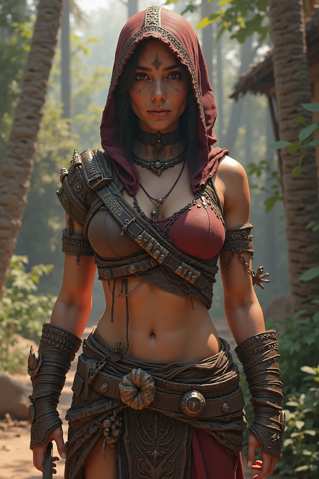 God of war, Kratos female version, Correct anatomy, (location: (oasis:1.27),(shack:0.42)), (epic:1.2), (high quality:1.2), (masterpiece:1.2), high details, incredibly absurd, ultra realistic photography