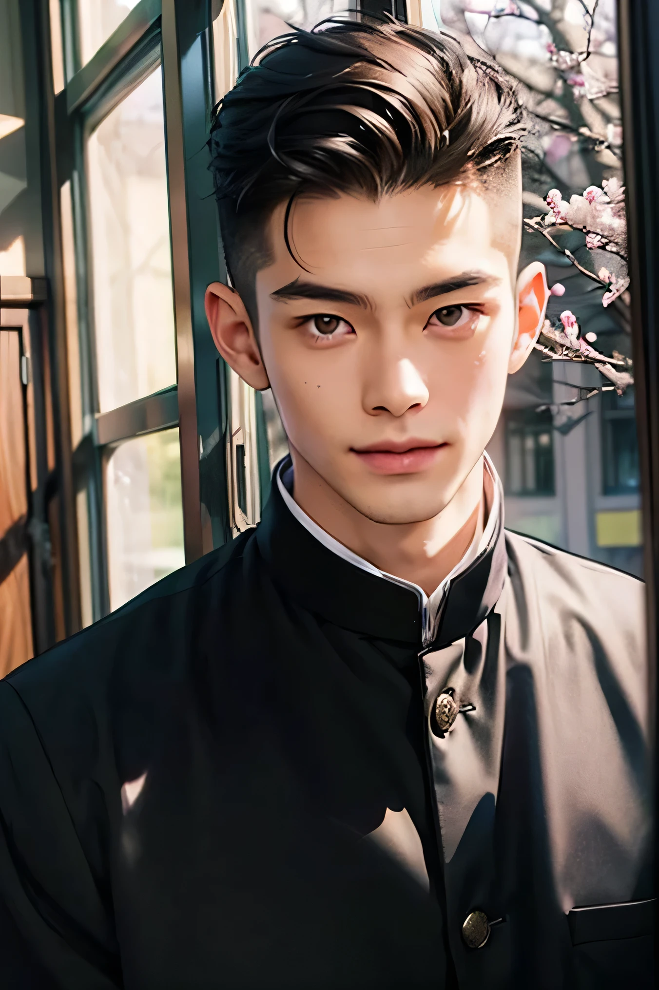 Japanese man handsome short dark-haired adult short cropped smile In the classroom window window windowの外は初春 There is only one cherry tree Black school run school uniform Black school run Shaved head Shaved head Shaved head Shaved head