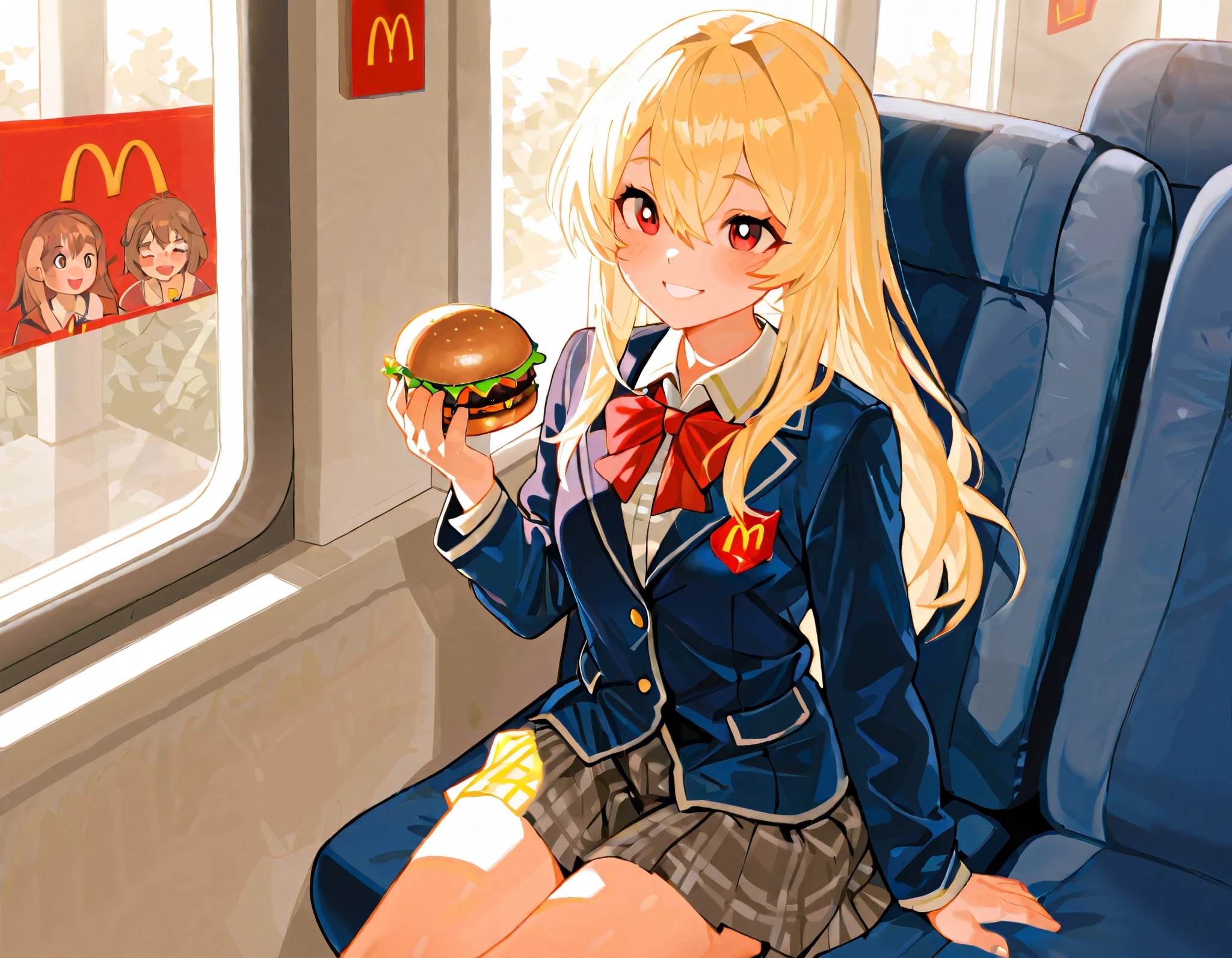 (((Best quality, 8k, Masterpiece: 1.3)), ((best quality)), ((masterpiece)), (detailed), perfect face, A Japanese high school girl sitting inside a McDonald's, enjoying a hamburger after school. She is still wearing her school uniform, consisting of a navy blue blazer, a red ribbon at her collar, and a plaid skirt. She looks relaxed and happy, sitting in a booth, holding a hamburger with one hand, and smiling. The McDonald's interior features bright lighting, red and yellow colors, and the fast-food atmosphere. Outside the window, it's the late afternoon with a bit of sunlight streaming in, suggesting she's stopped by after classes