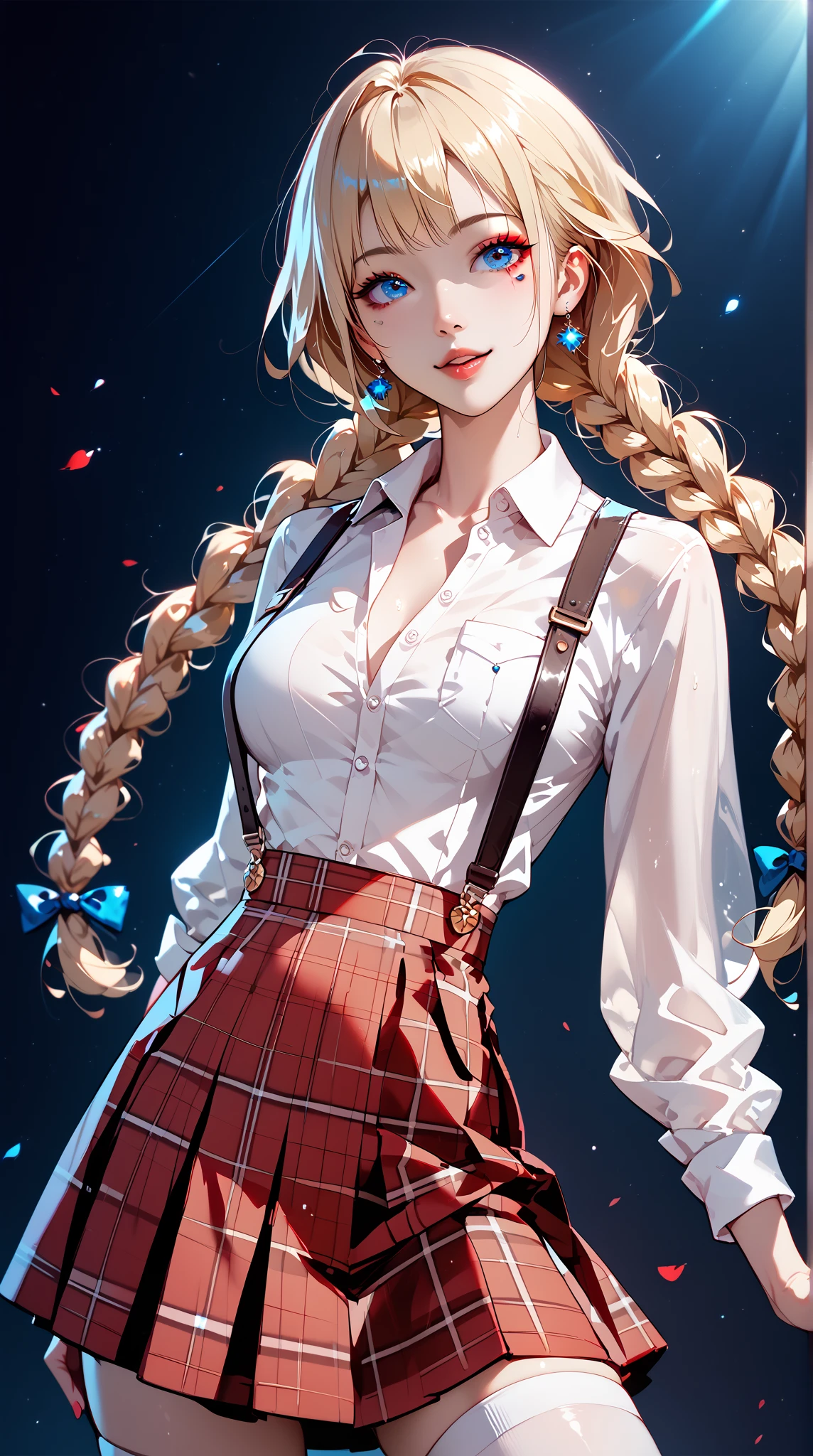 Hot student wearing in class, glasses, braided hair, large breasts, cleavage, thick and muscular leg, depth of field, cinematic lighting, anatomically correct, high detail, UHD (best quality, ultra-detailed, photorealistic: 1.39), bright and vibrant colors, studio lighting, romantic expression, masterpiece