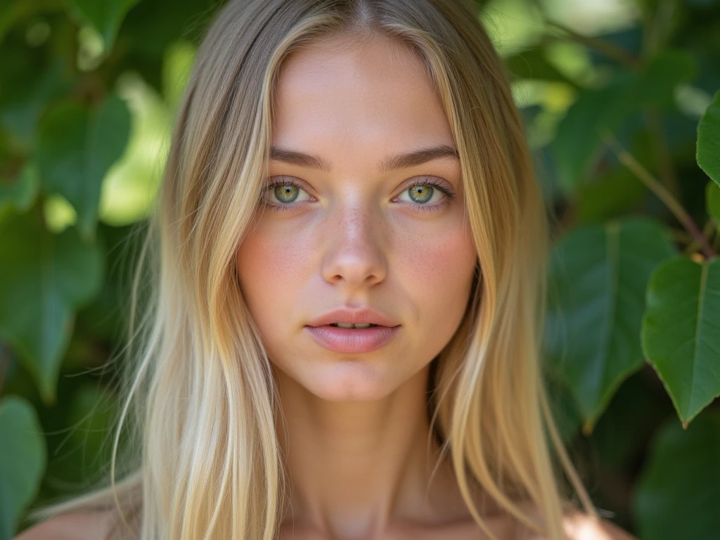 a beautiful blonde with long, loose hair and beautiful green eyes with her face facing forward and very close and the image 16k and very realistic
