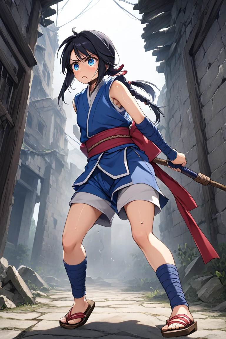 solo,long hair, black hair, blue eyes, braid, ninja, sleeveless, obi, ribbon, shorts, arm warmers, leg wrap, tabi, sandals, Indian style、Stares、ruins、Younger、otm gag, sweat、 tight bondage、sweat、angry、furrowed brow、bound legs、Crotch rope、brown rope、 Back hand、fighting stance、Ryona、arm behind back、from behind、back 、steam、damsel in distress、suspension