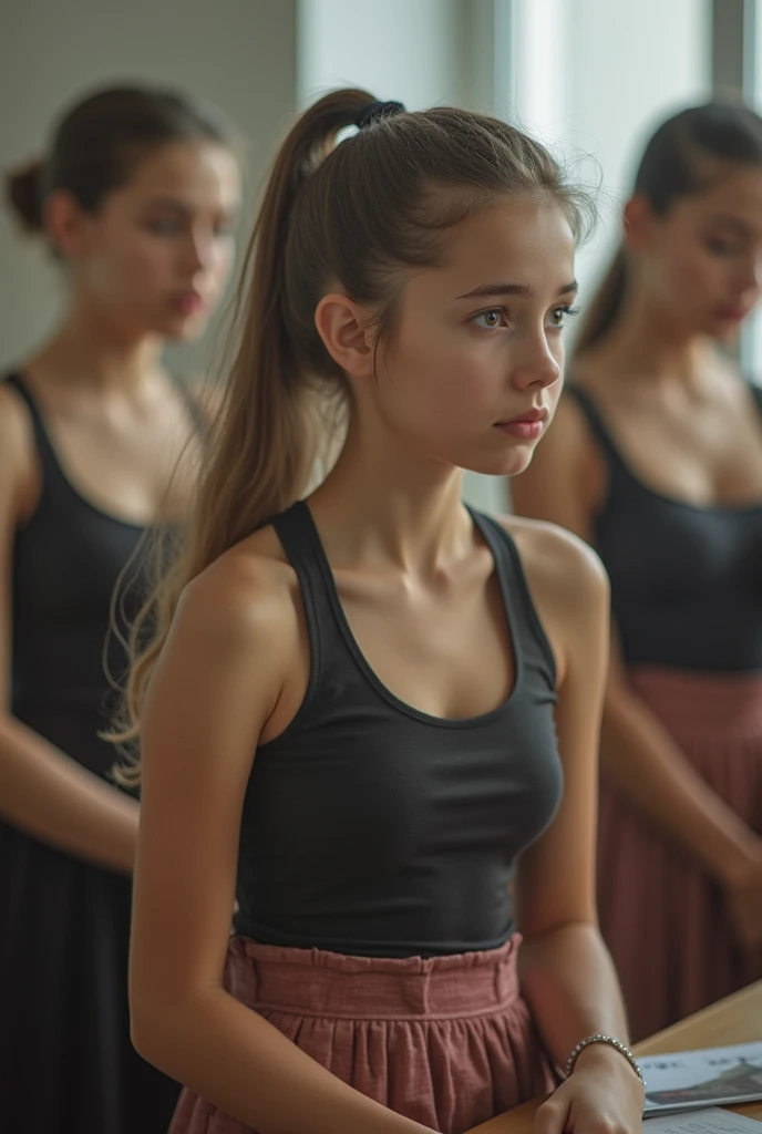 A girl 1 long blonde braided pigtails very thin does 裸 ballet, No clothes,flat chest,Small Breasts,Makeup spent,Perfect lips, Black lipstick, Braces, freckle,big eyes,blue eyes,Sweating, 大量Sweating,wet,Very detailed, best quality, Extremely detailed face, Perfect Lightning, Ballet Studio, background, Unique, 4K, masterpiece,