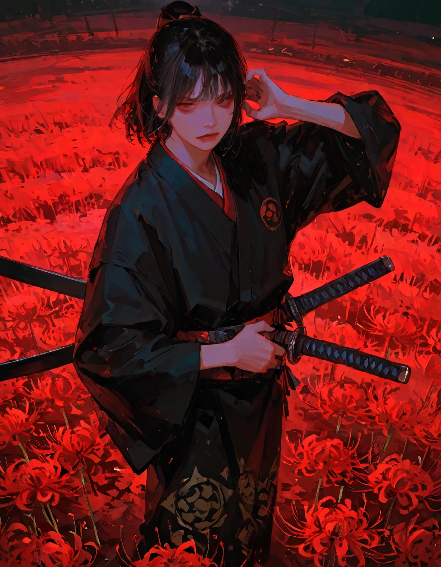 1 boy in low p\((samurai\( samurai\)), ( young), black刀を抜こうとする, Hand with Sword Pattern Stuck in the Waist, black髪に隠された鋭く威圧的な右目,()), Short Hair,black ( Martial Arts Kimono ),black袴と作務衣 (Japanese clothes without a pattern ), Conceals Legs, male, intimidating expression, slim,\), Large knee-high red spider lily flower field, Quiet upright pose, Dynamic Angle, , Motion Blur, blackキャラクターと対比になった鮮やかな赤色の彼岸花の花畑, realistic,masterpiece, Highest quality,
